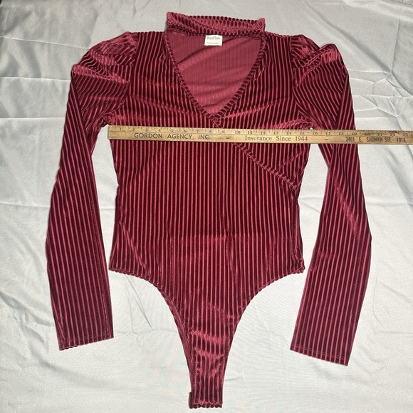 Velvet Burn Out Striped Bodysuit Large Maroon Leg O Mutton Sleeve Collar Neck - Picture 3 of 10